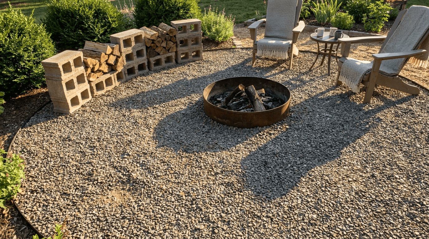 Compacted crushed stone fire pit patio with cinder block log storage, seating arranged around pit, sunlight highlights textures.