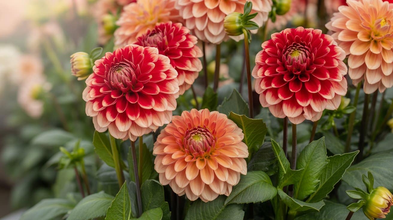 Close-up of vibrant red and peach dahlias in full bloom with layered petals and lush green foliage in a sunlit garden.