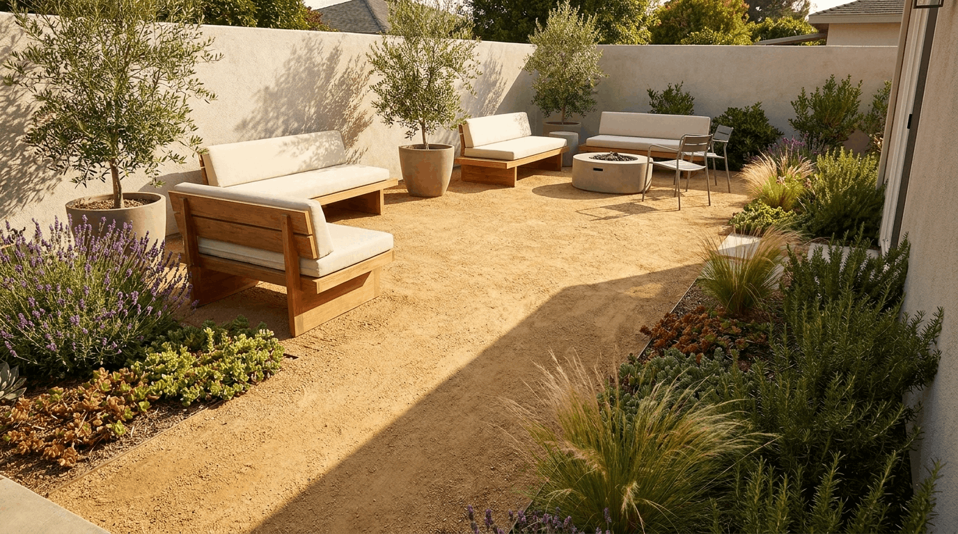 Decomposed granite patio with drought-tolerant plants around edges, minimalist furniture, sunlight on textured gravel surface.