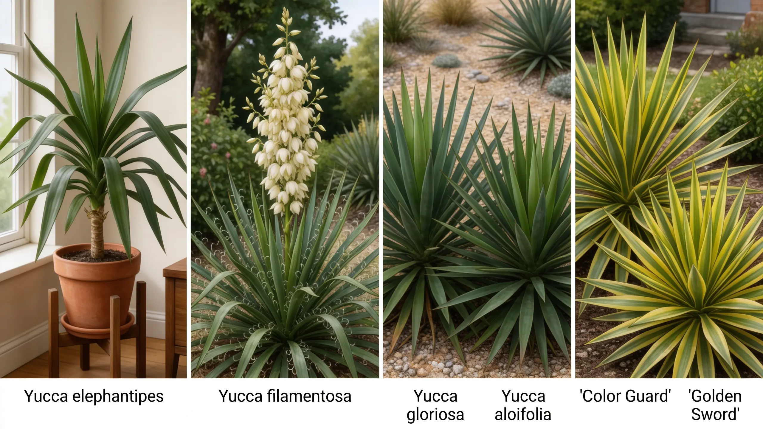 Four types of Yucca side by side: indoor Yucca elephantipes, outdoor Yucca filamentosa with flower spikes, Yucca gloriosa and Y. aloifolia with sharp leaves, and variegated Color Guard