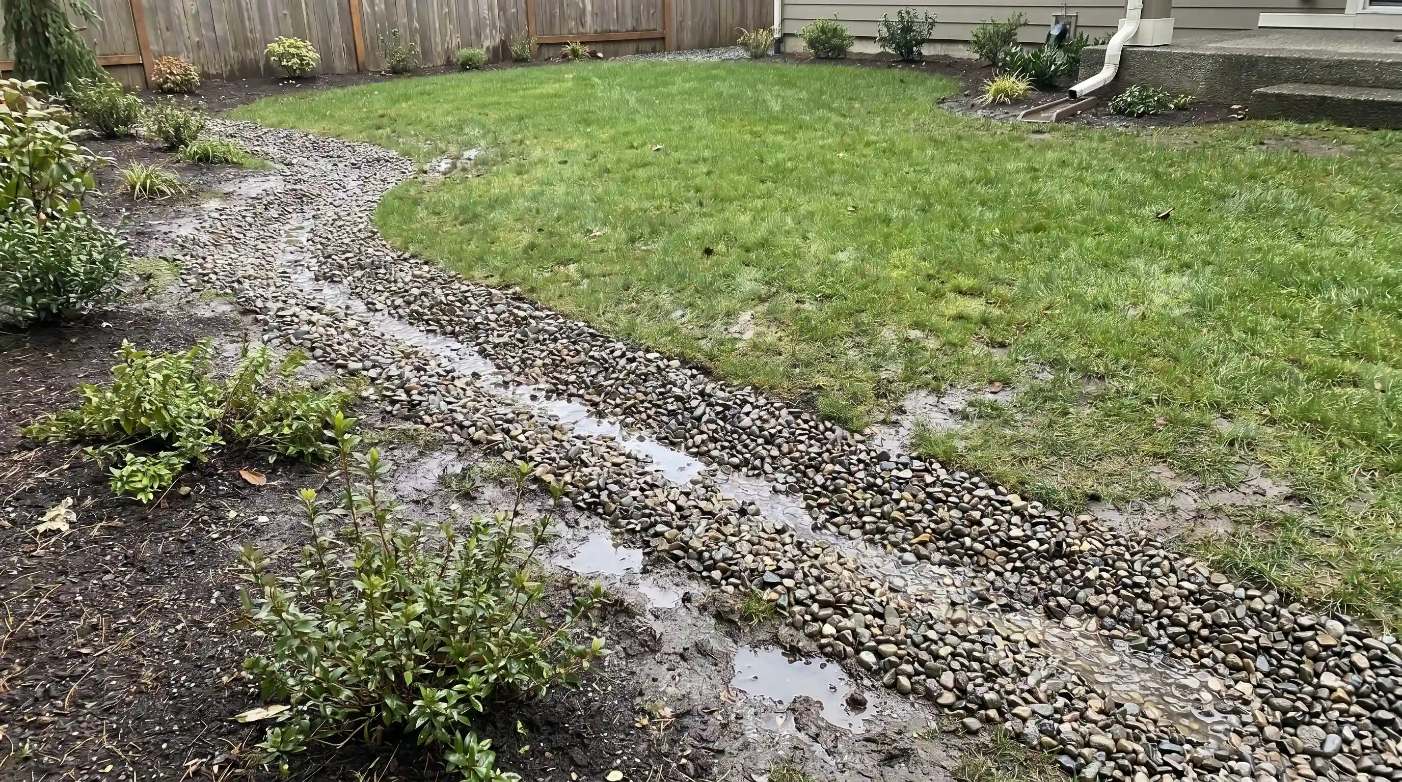 Shallow swale in a backyard slope garden, diverting rainwater and preventing erosion, ideal for slope garden ideas.