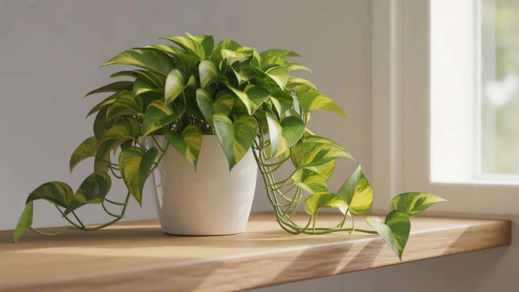Pothos plant in a white pot placed on a sunlit windowsill with trailing green and yellow variegated leaves