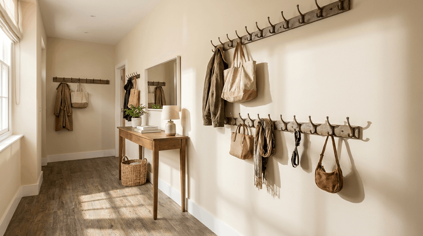 Hallway wall with two rows of hooks for coats and bags, console table beneath, runner rug along floor.