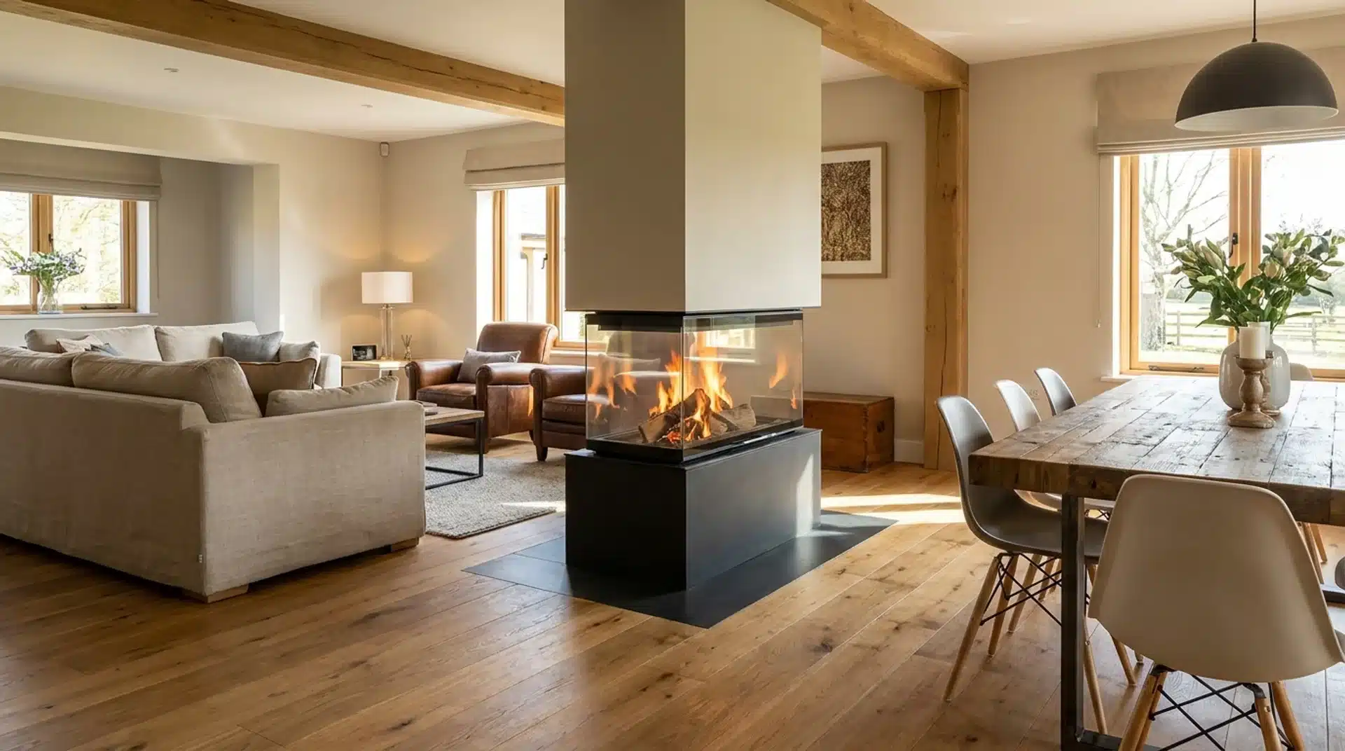 Modern open-plan living with double-sided log burner room divider design.