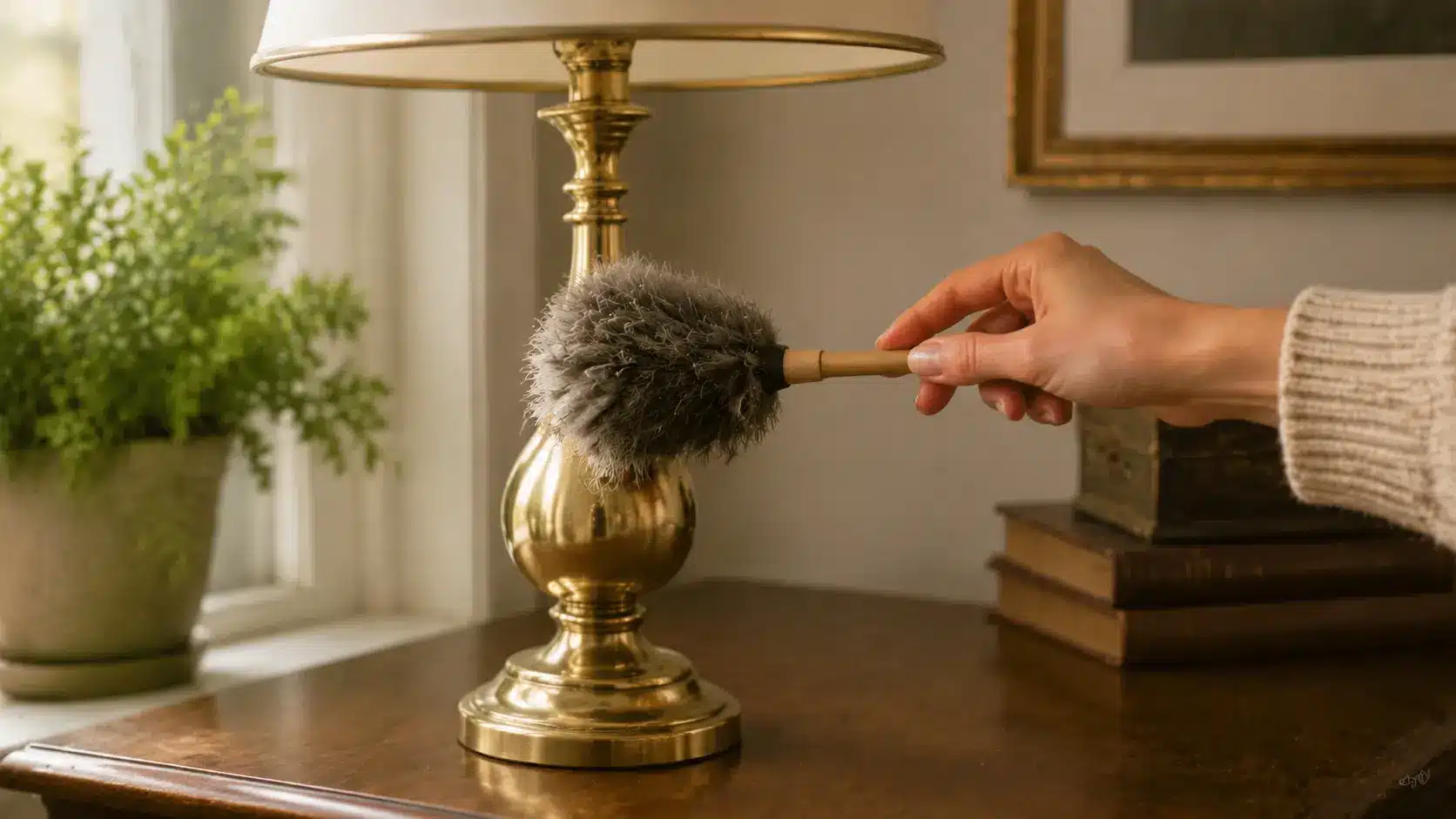 Close-up of a hand dusting a polished brass lamp with a soft feather duster on a wooden table in a warm, sunlit indoor setting. The reflective brass and potted plant in the background emphasize careful maintenance.