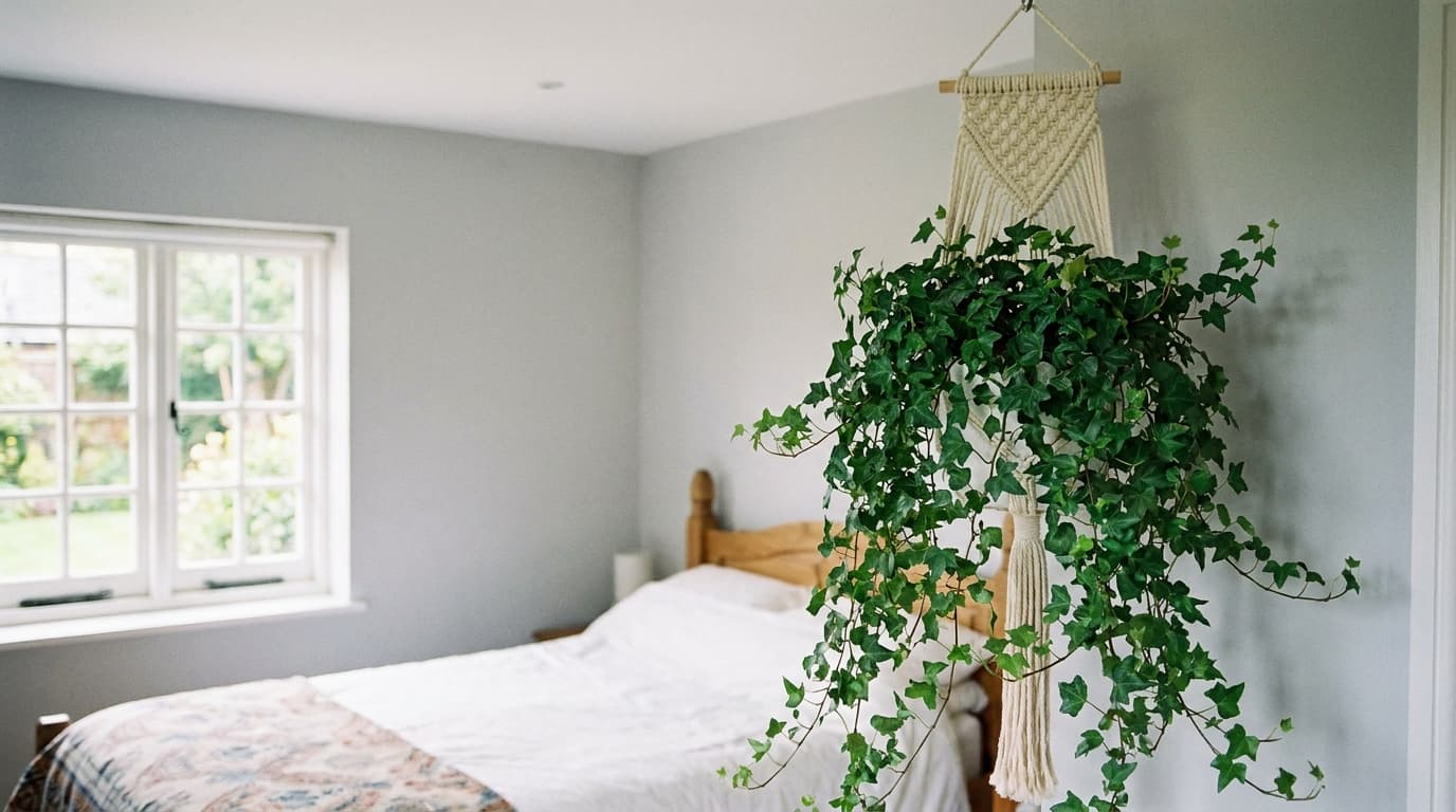 Hanging ivy plant above a bed in a cozy bedroom with natural light streaming through the window.