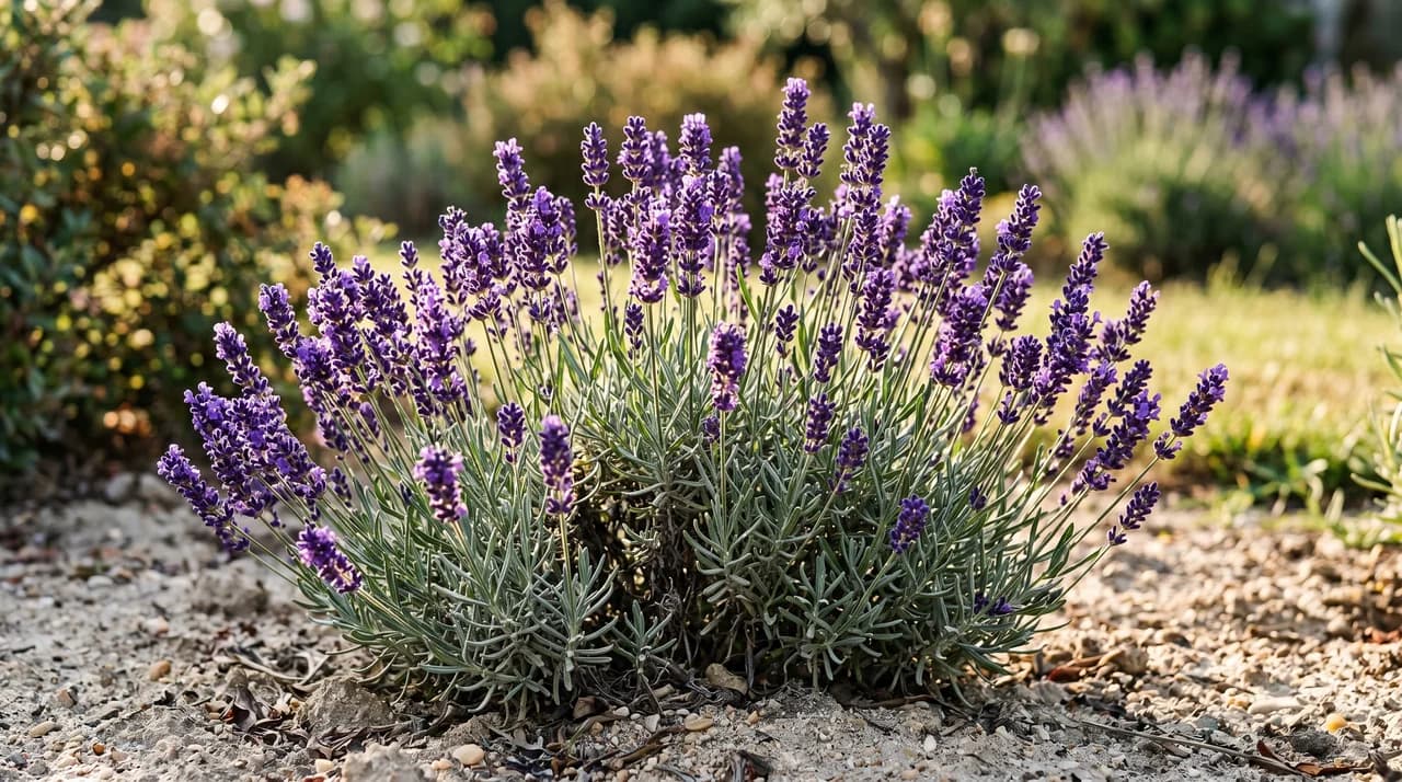 : A compact English lavender plant with deep violet upright spikes in sandy soil representing types of lavender plants.