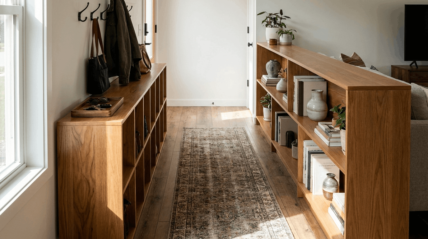 Compact entryway with low bookshelf dividing entry from living space, hooks and runner rug, sunlight highlighting textures.