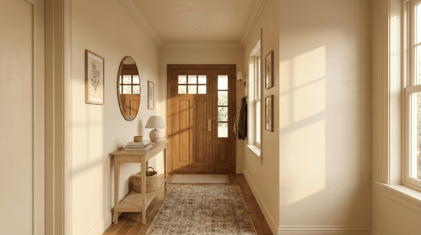 Small entryway with walls, trim, and ceiling same neutral color, runner rug optional, sunlight enhancing visual space.