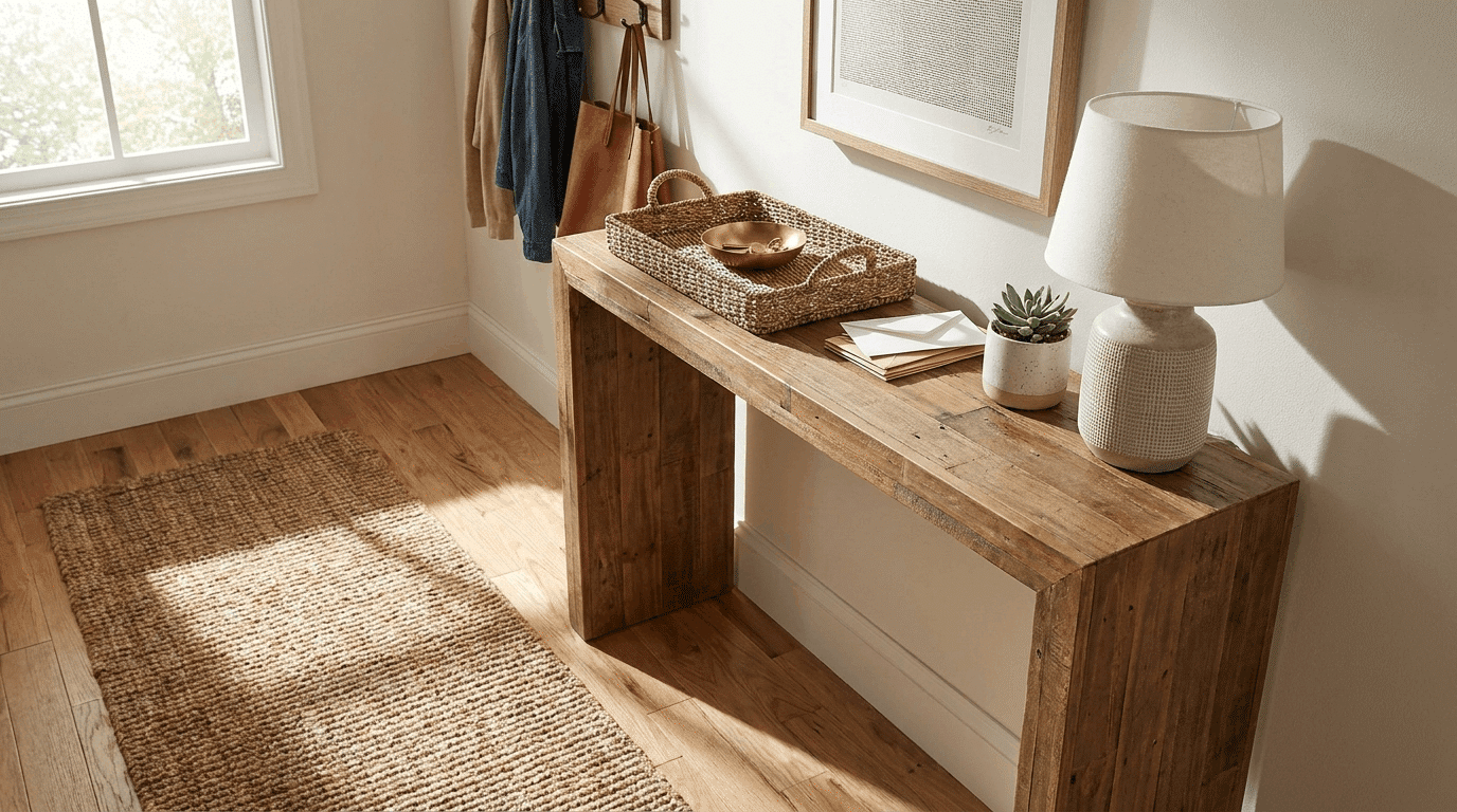 Compact entryway with slim console table, tray for keys and mail, runner rug, sunlight highlighting textures and shadows.
