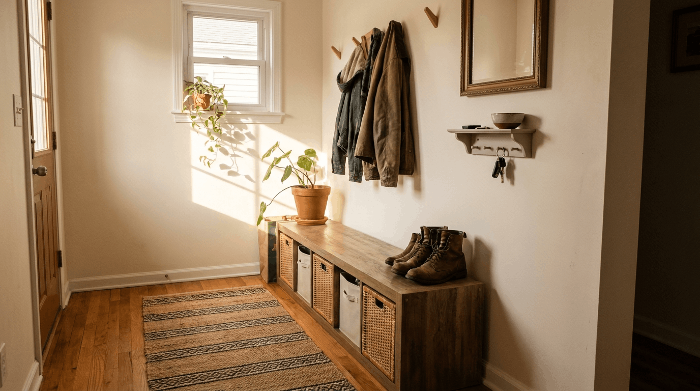 Small entryway with low cubby unit, wicker baskets for shoes, runner rug, sunlight casting soft shadows on floor.