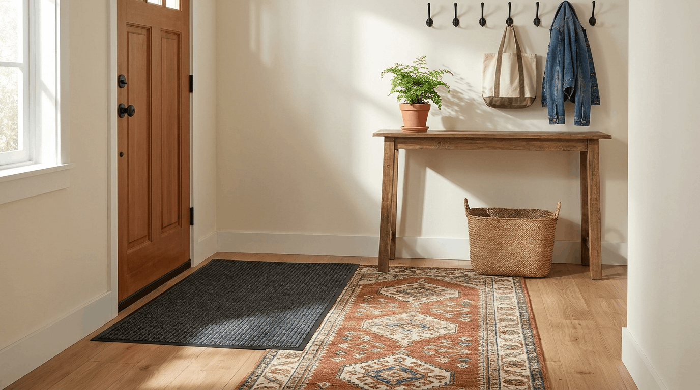 Small entryway with a flat utility mat at the door layered with a decorative rug, console table, and wall hooks.