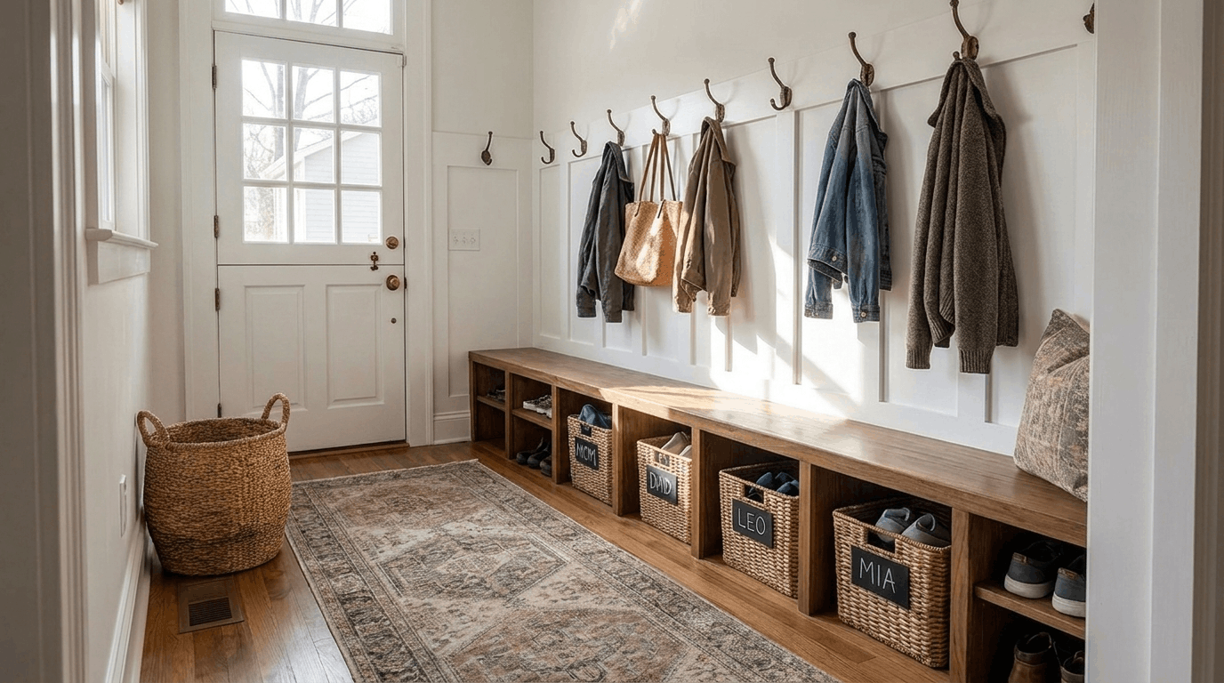 Compact entryway with individual hooks and labeled baskets for each person, runner rug, sunlight highlighting textures.