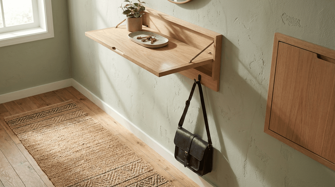Small entryway with wall-mounted fold-down shelf and single hook, runner rug, sunlight showing textures, soft shadows.