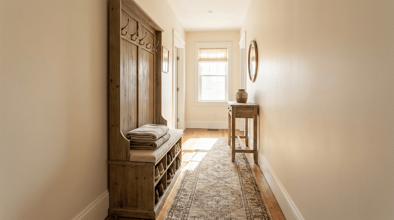 Entryway with slim hall tree featuring hooks, bench, and shoe storage, runner rug, sunlight highlighting textures.