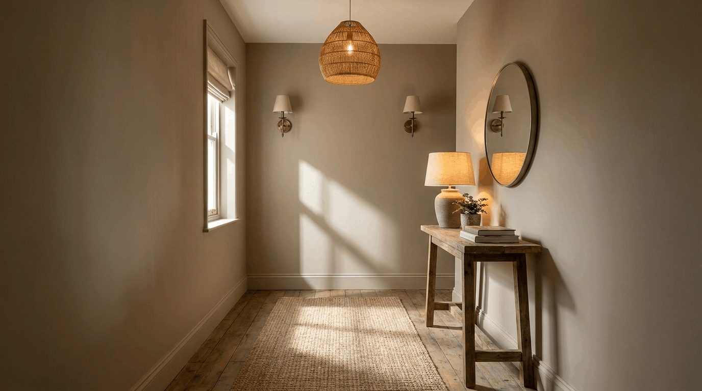 Entryway with layered lighting including pendant, sconces, and table lamp, runner rug, sunlight and shadows on walls.