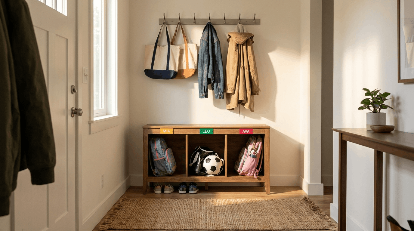 Small entryway with low cubby unit for shoes, runner rug, minimal décor, sunlight highlighting cubby and floor textures.