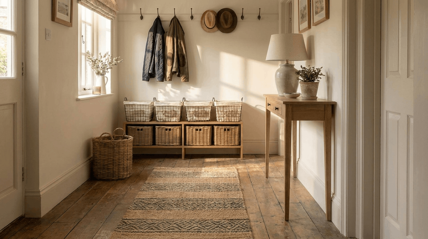Entryway with hooks and labeled baskets for seasonal items, runner rug, sunlight casting soft shadows across floor.