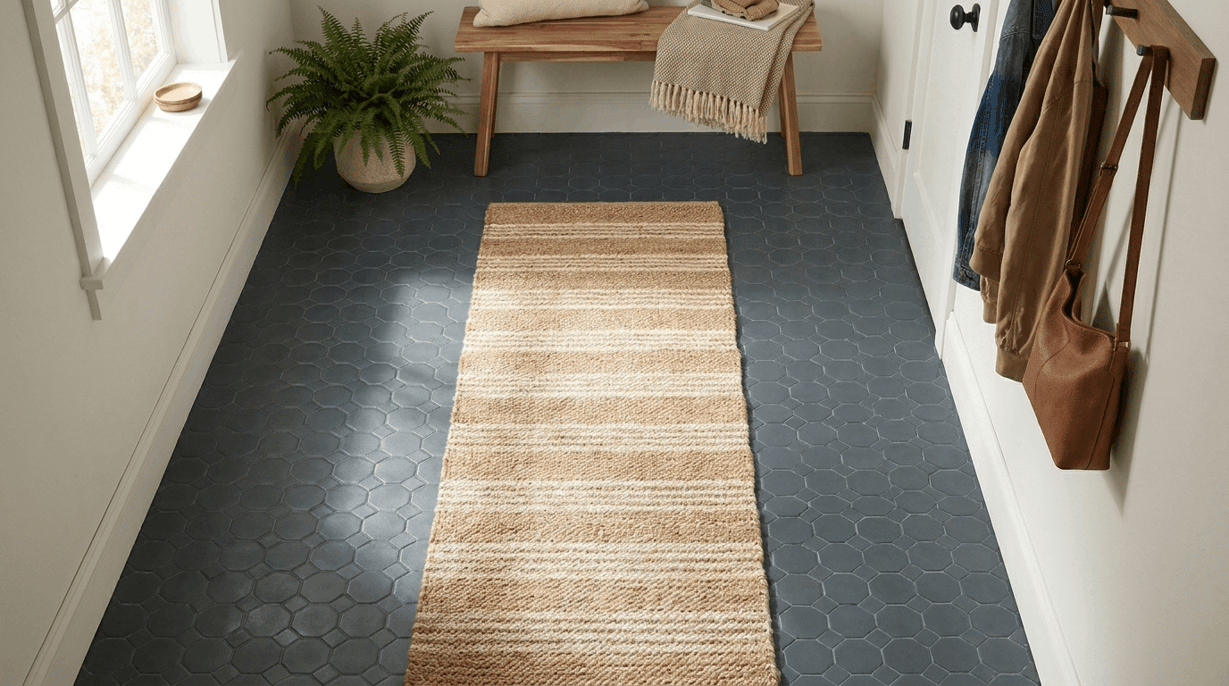 Compact entryway with peel-and-stick patterned floor tiles, runner rug optional, slim console table, sunlight highlighting tile texture.