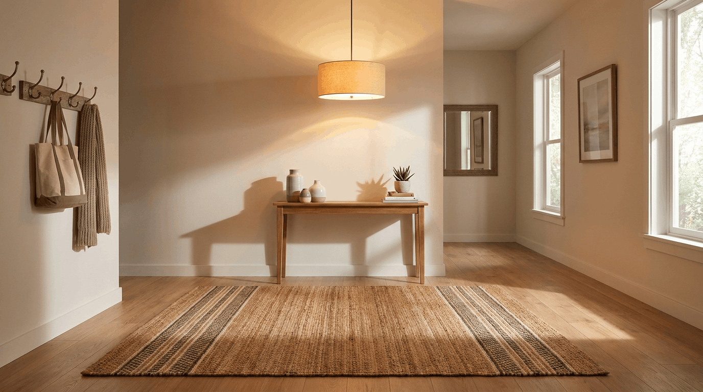 Small entryway with pendant light over rug, console table below, wall hooks nearby, sunlight highlighting textures.