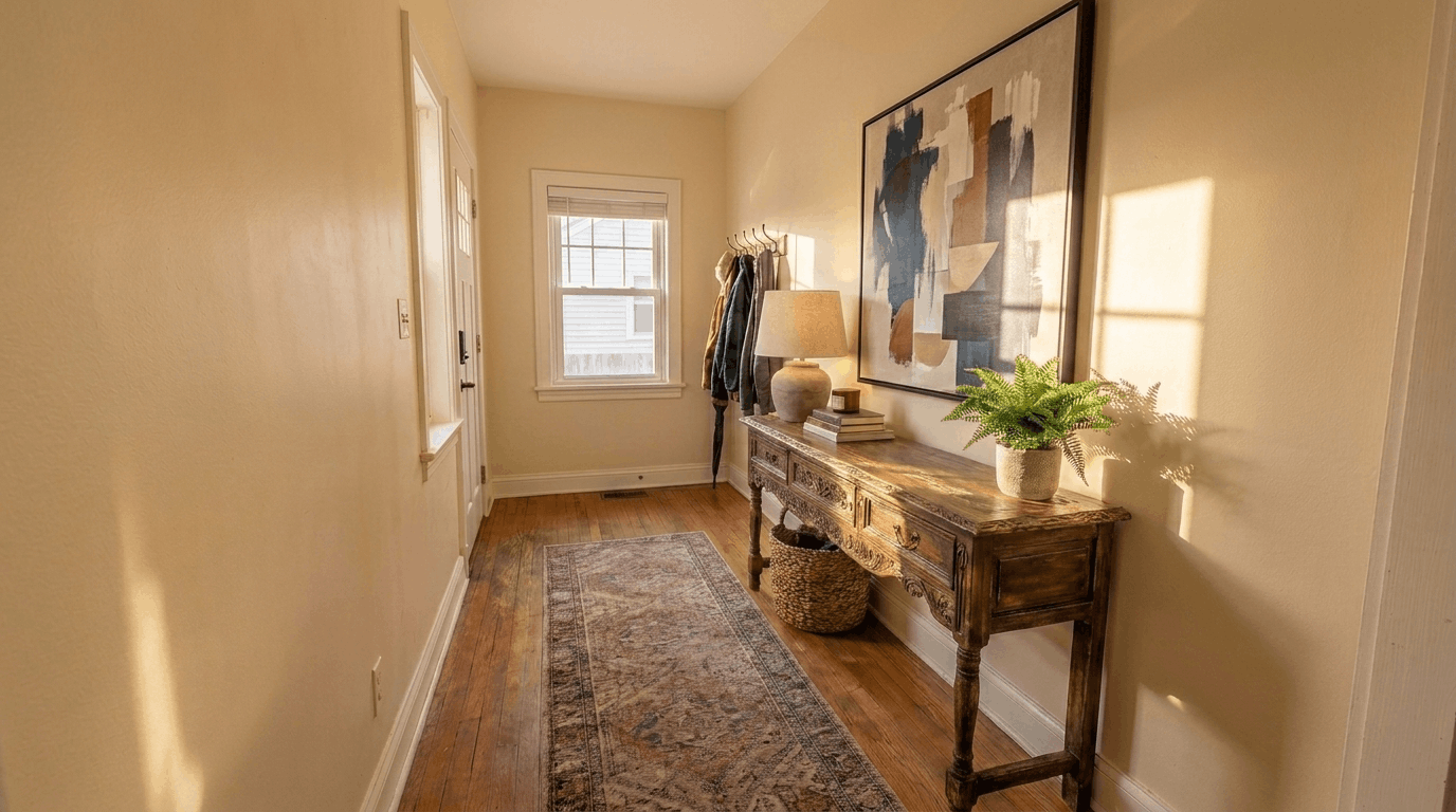Small entryway with bold artwork above console table, runner rug, sunlight reflecting off wall.