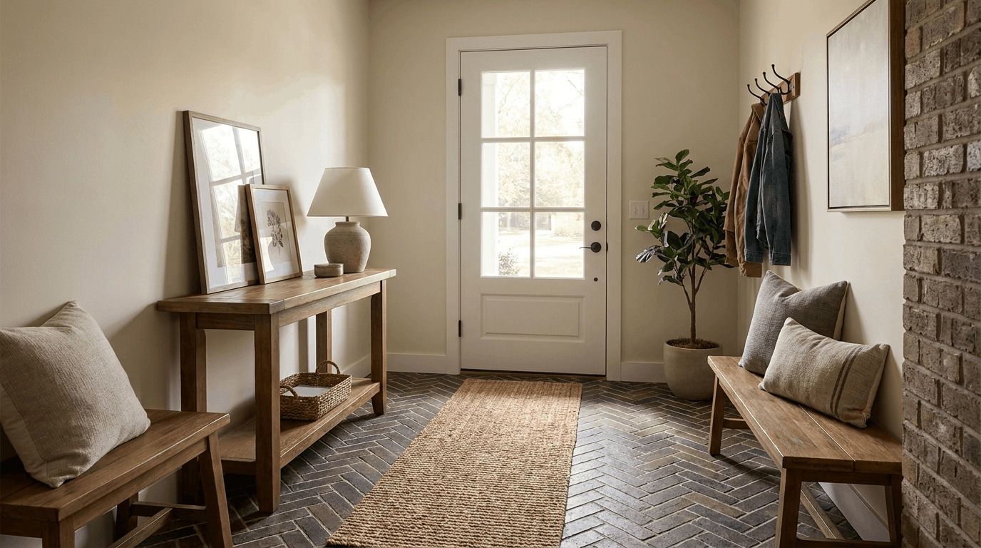 Compact entryway with checkerboard or herringbone tiles, optional runner rug, console or bench, sunlight highlighting floor.