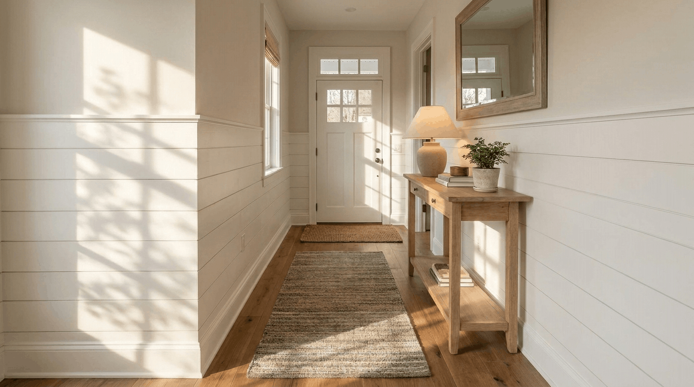 Small entryway with half-height wainscoting or vertical paneling, runner rug, slim console or bench, sunlight highlighting textures.