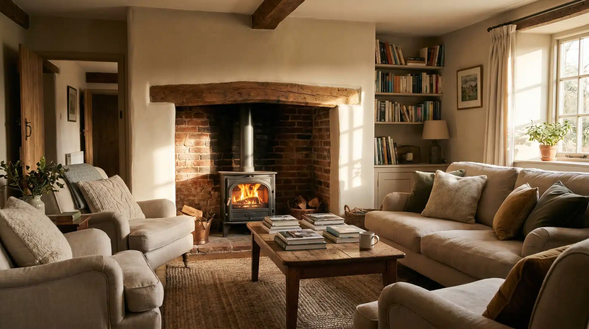 Log burner in brick alcove with plastered sides, cozy sunlit living room.