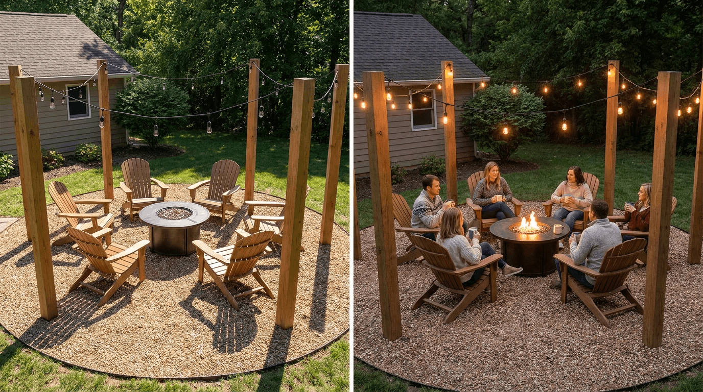 Gravel fire pit patio with wooden posts holding string lights, circular seating layout, ambient lighting, cozy evening setup.