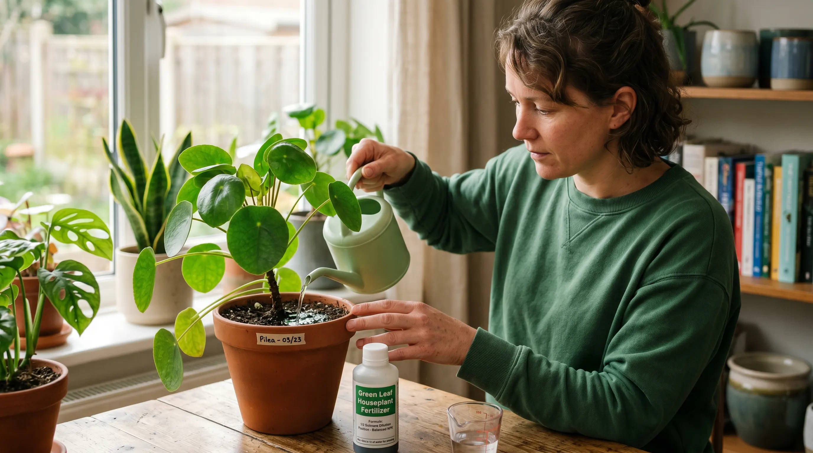 A person feeding a Chinese Money Plant with half-strength liquid fertilizer; soil slightly moist and leaves vibrant green under natural light.