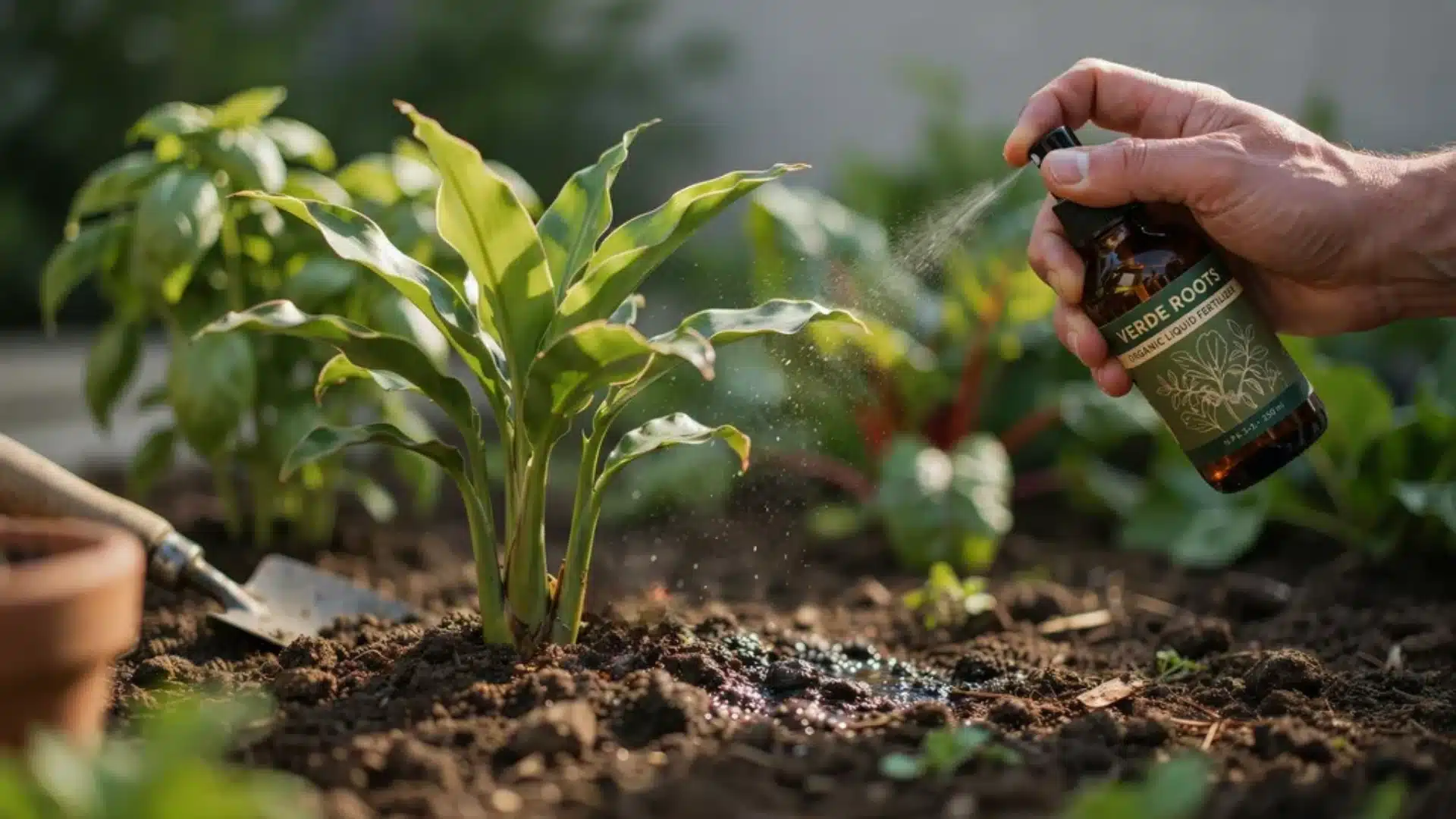 Spraying organic liquid fertilizer on a growing ginger plant to promote healthy growth.