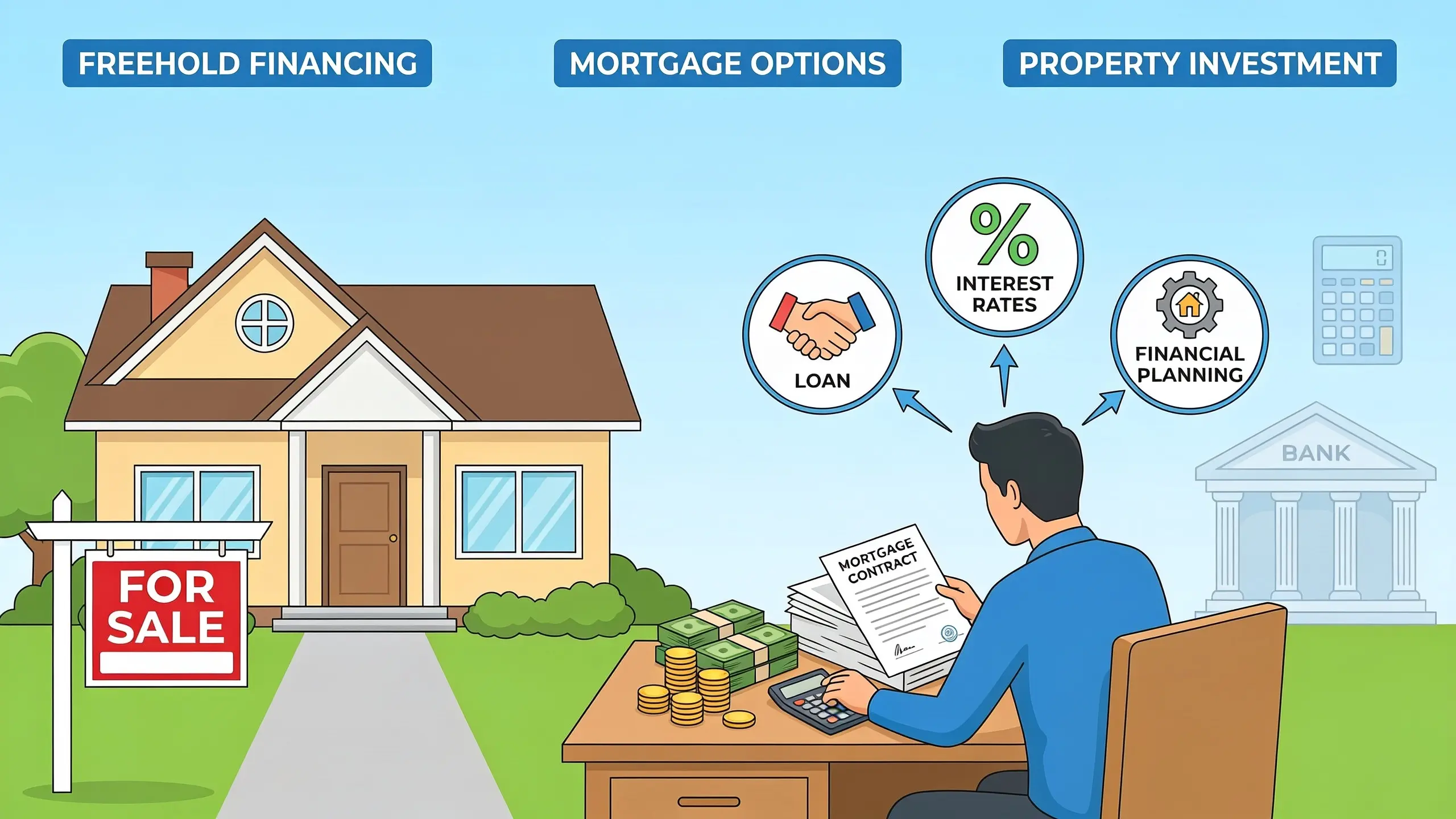 erson reviewing mortgage documents in front of a house, with money symbols, representing financing options for a freehold property.