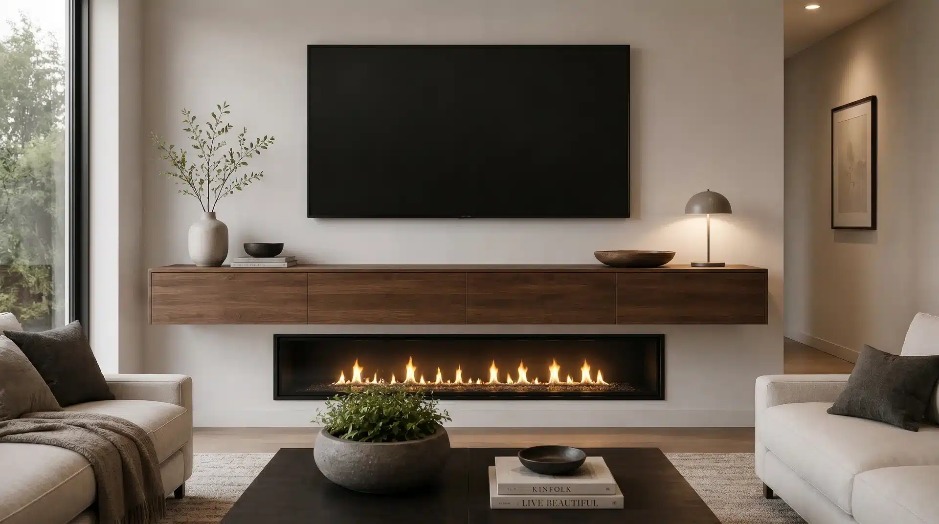 Wall-mounted TV above floating walnut media console with gas fireplace insert below.