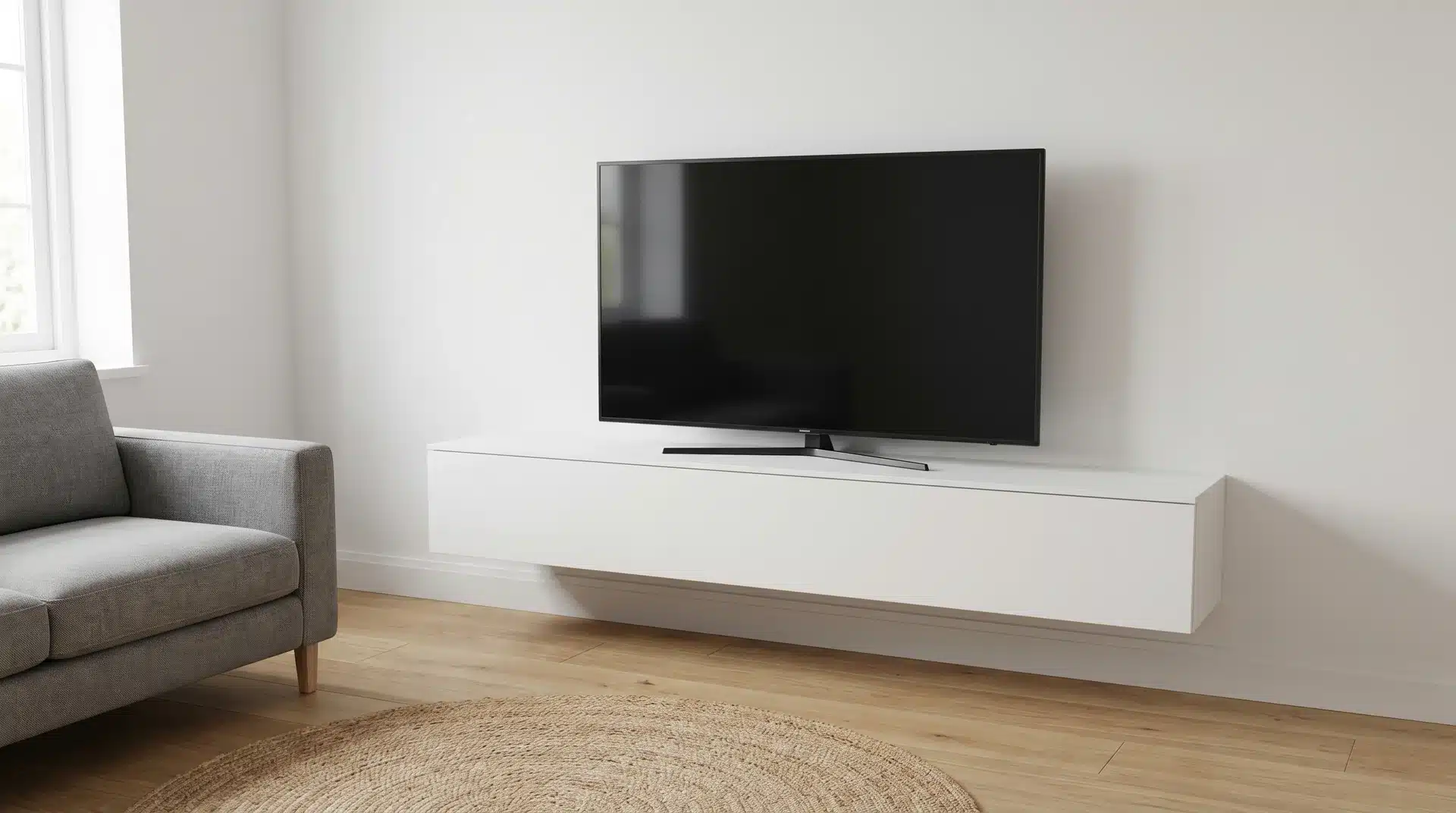 Floating media unit mounted on the wall with TV on top in a small living room