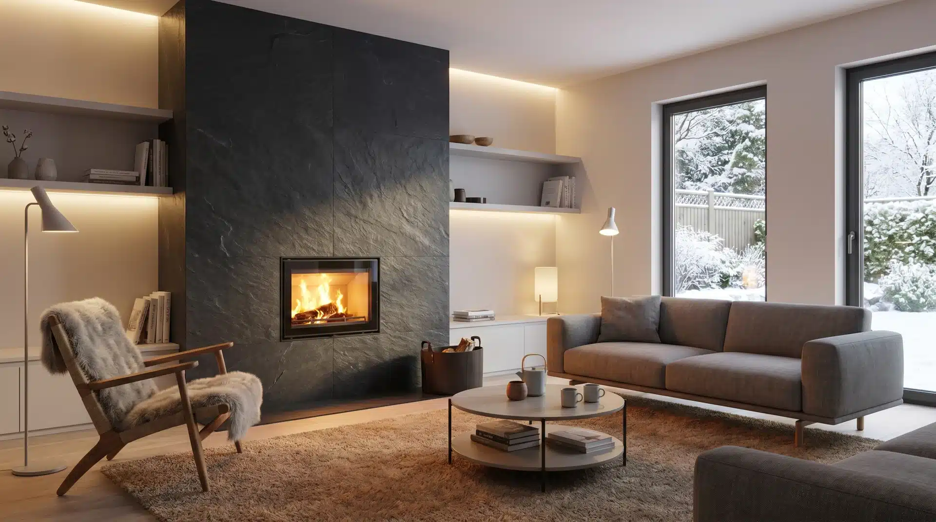 Contemporary log burner on slate wall, cozy modern living room with soft lighting.