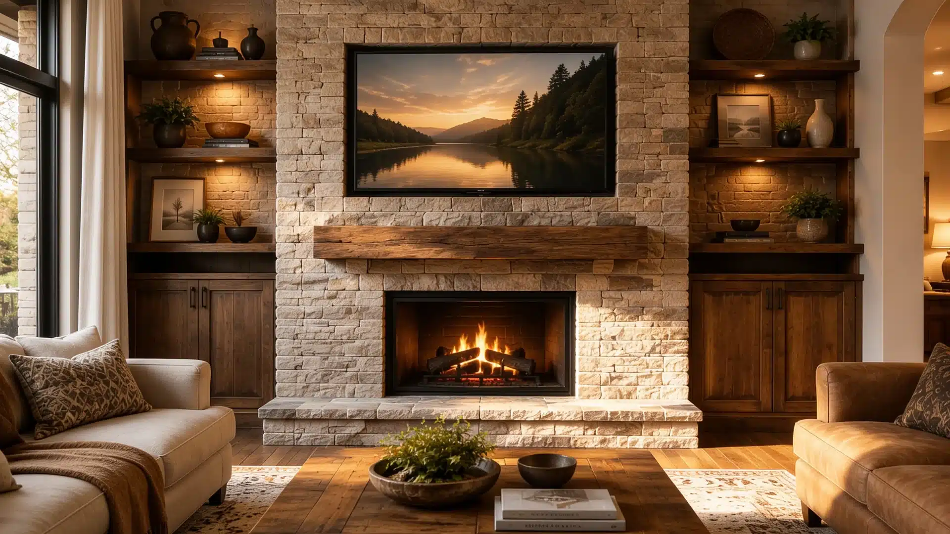 Large flat screen TV mounted on floor-to-ceiling stacked stone fireplace wall.