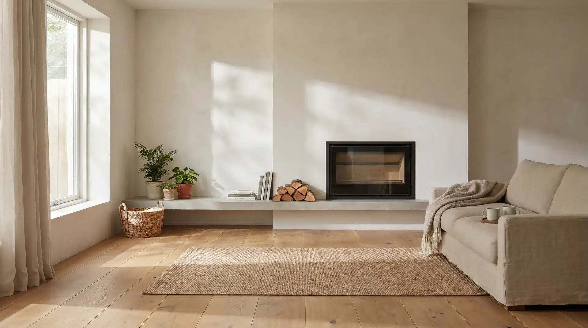 Minimalist inset log burner in plaster wall, cozy modern living room.
