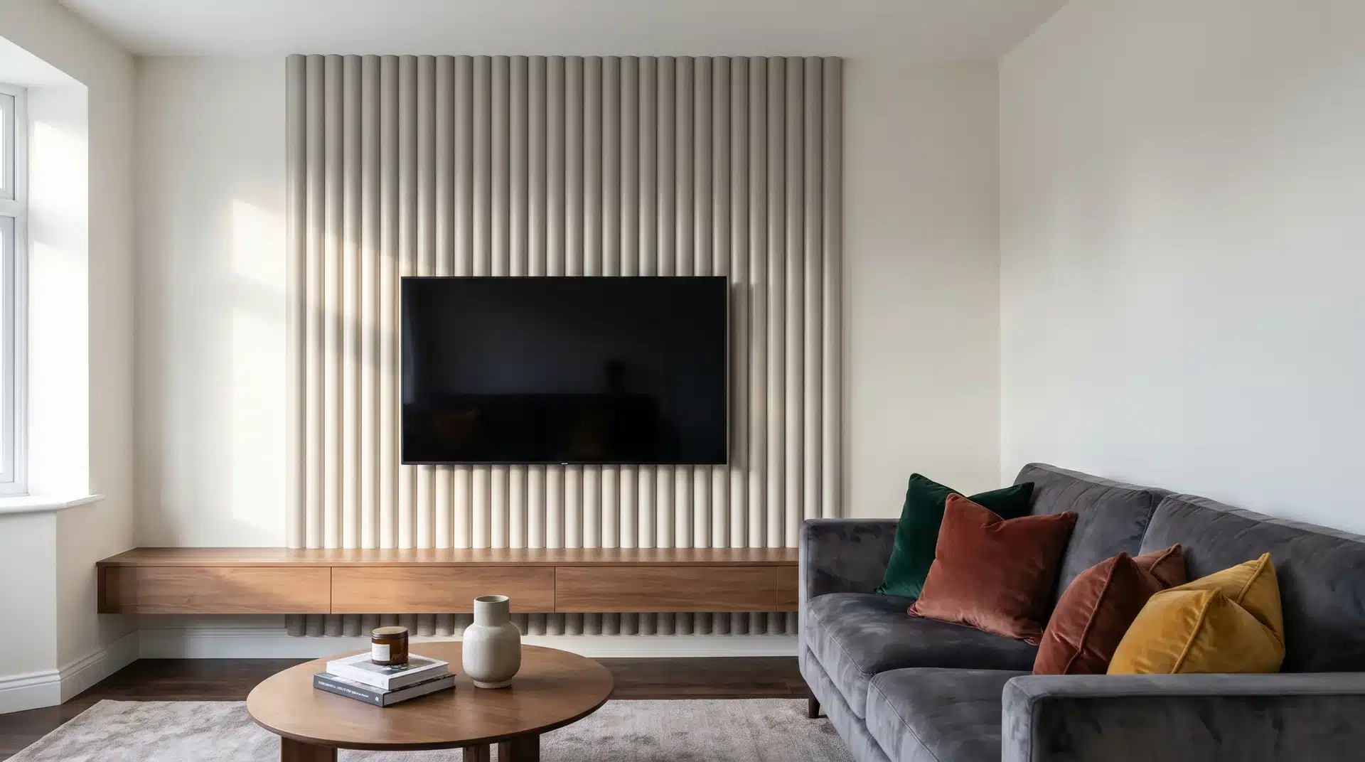 Fluted ribbed MDF accent panel behind a wall-mounted TV with plain walls either side in a UK living room