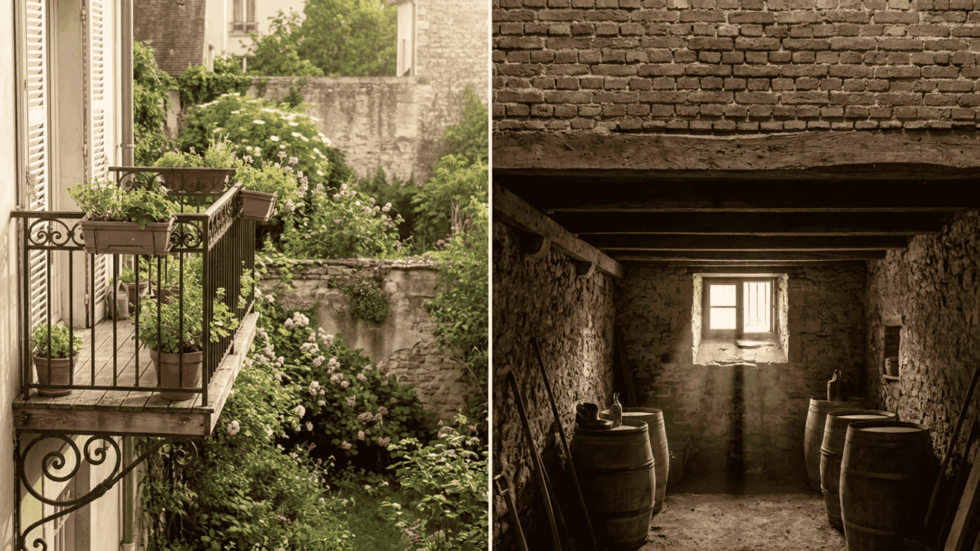 Split image of an overhanging balcony (flying freehold) and an underground basement room (creeping freehold).