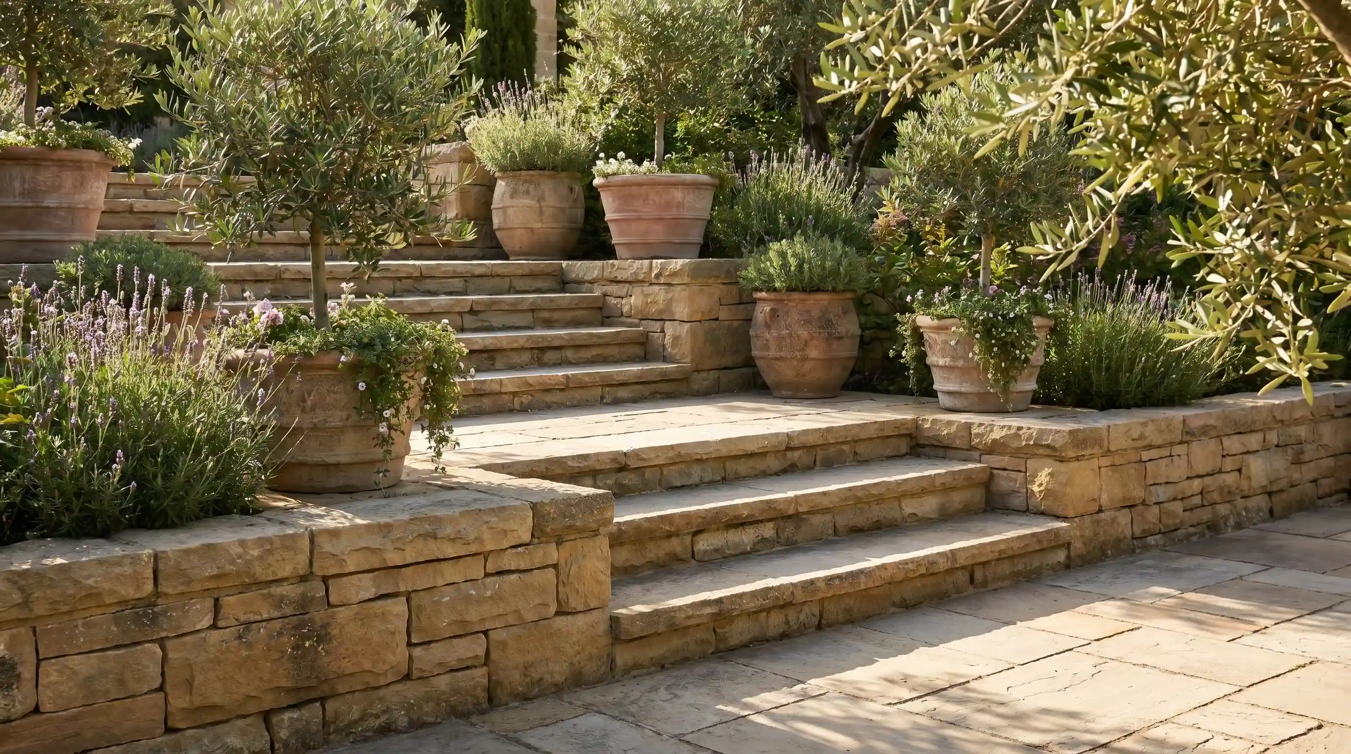 Tiered garden with formal steps matching the retaining walls, offering structured access between levels with cohesive materials.