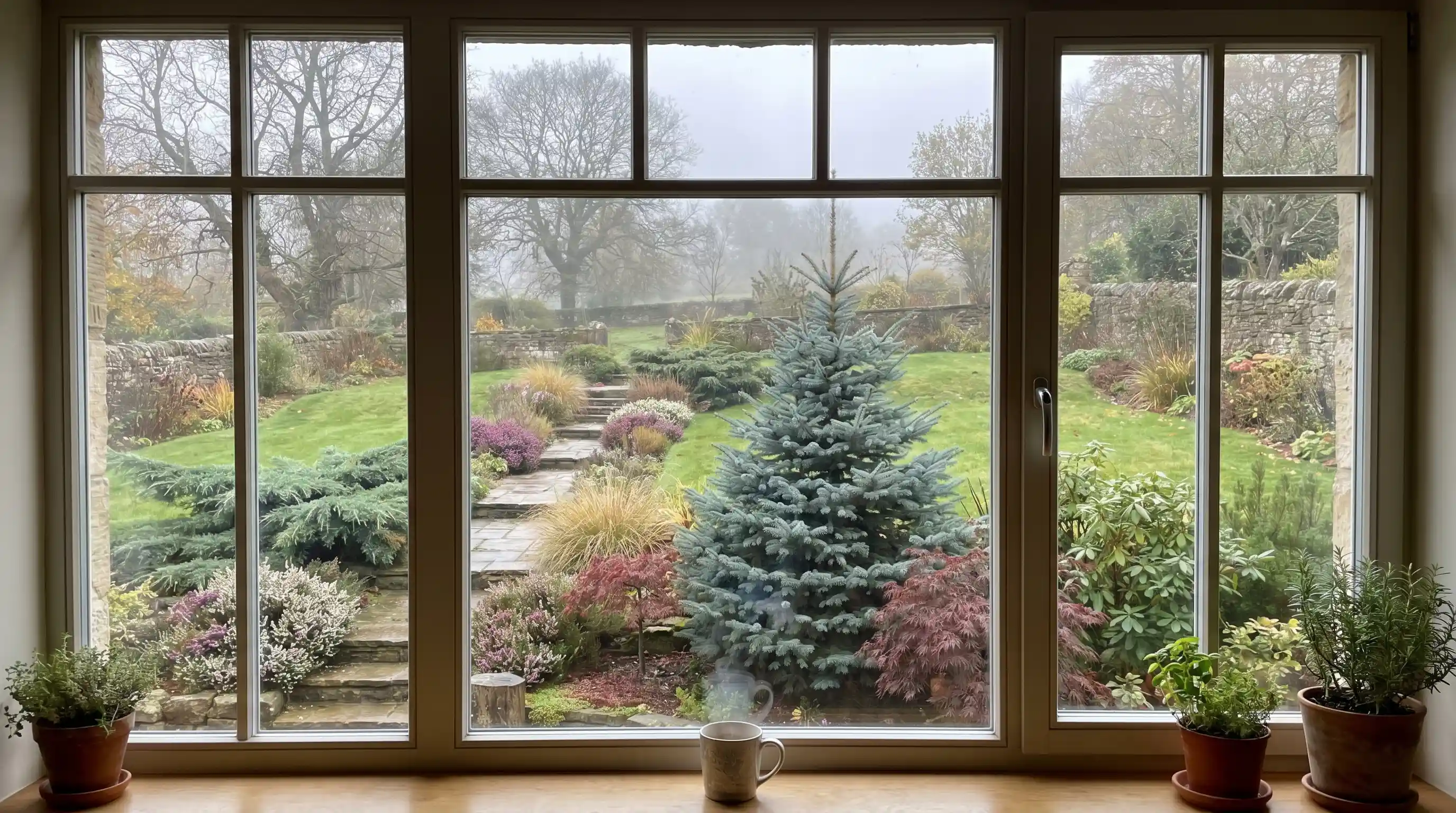 Focal point at the bottom of a downward sloping garden framed by flowering plants and stone terraces.