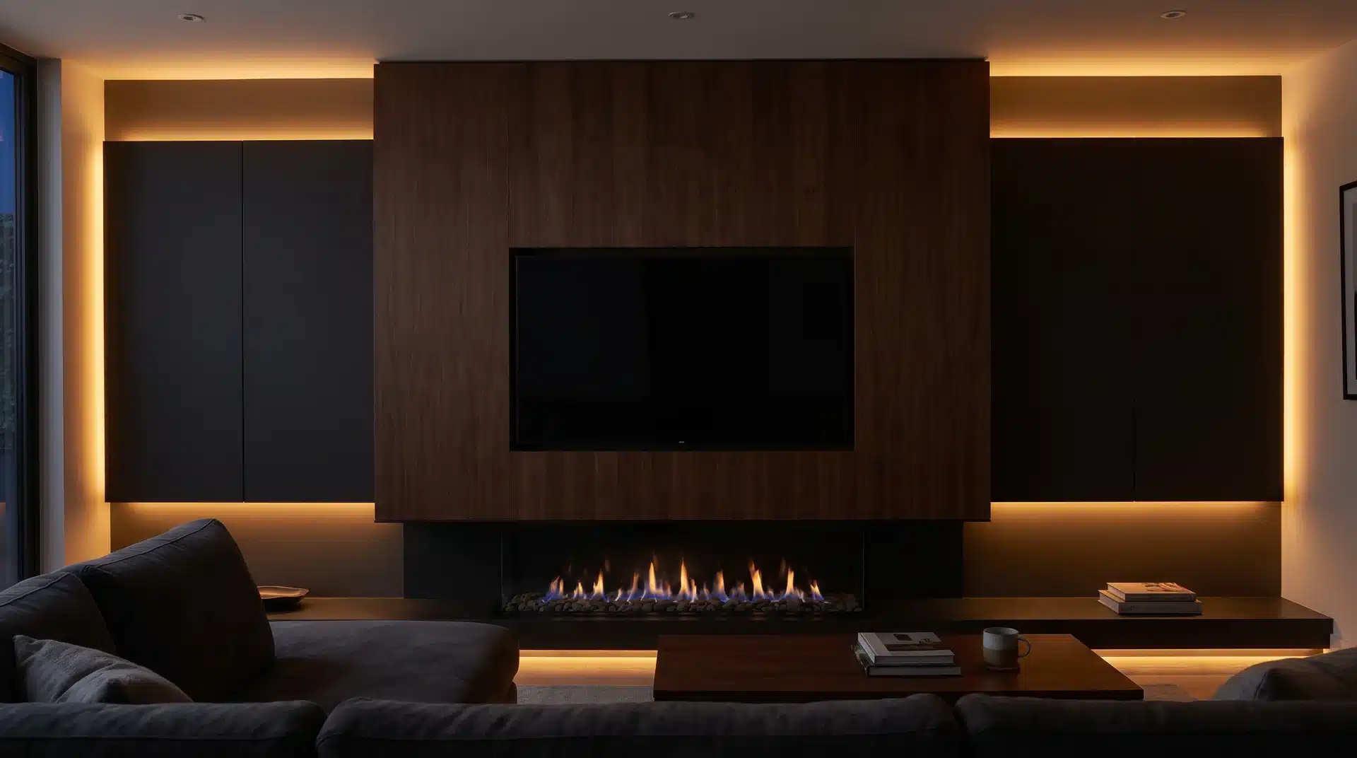 Large TV on dark panel wall above narrow ribbon gas fireplace with LED edge lighting.