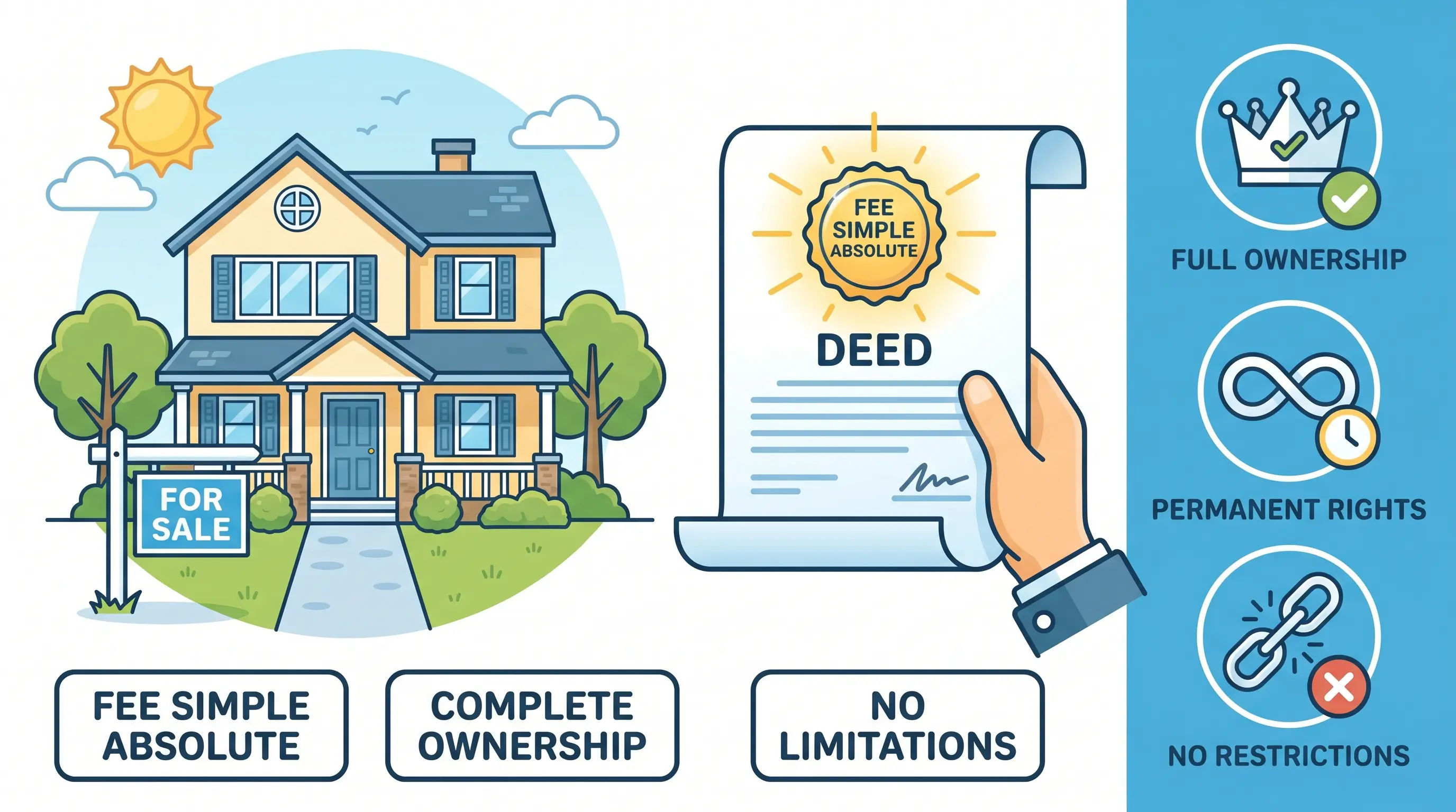 Illustration of a suburban house with a title deed, showing complete ownership and permanent rights under a Fee Simple Absolute freehold estate.