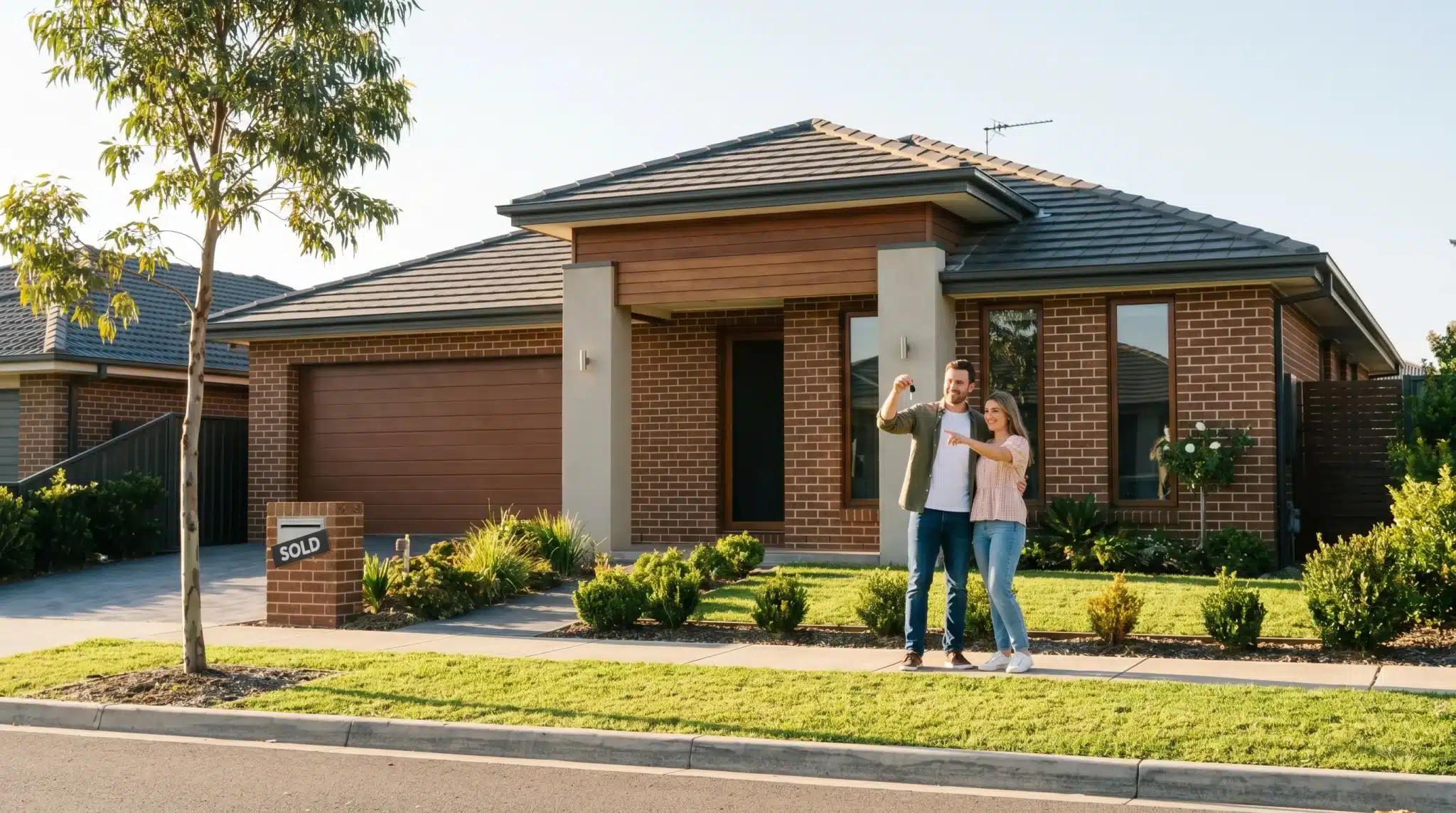 ealistic photo of a modern suburban house with a garden and a person holding keys, representing ownership and freehold property.