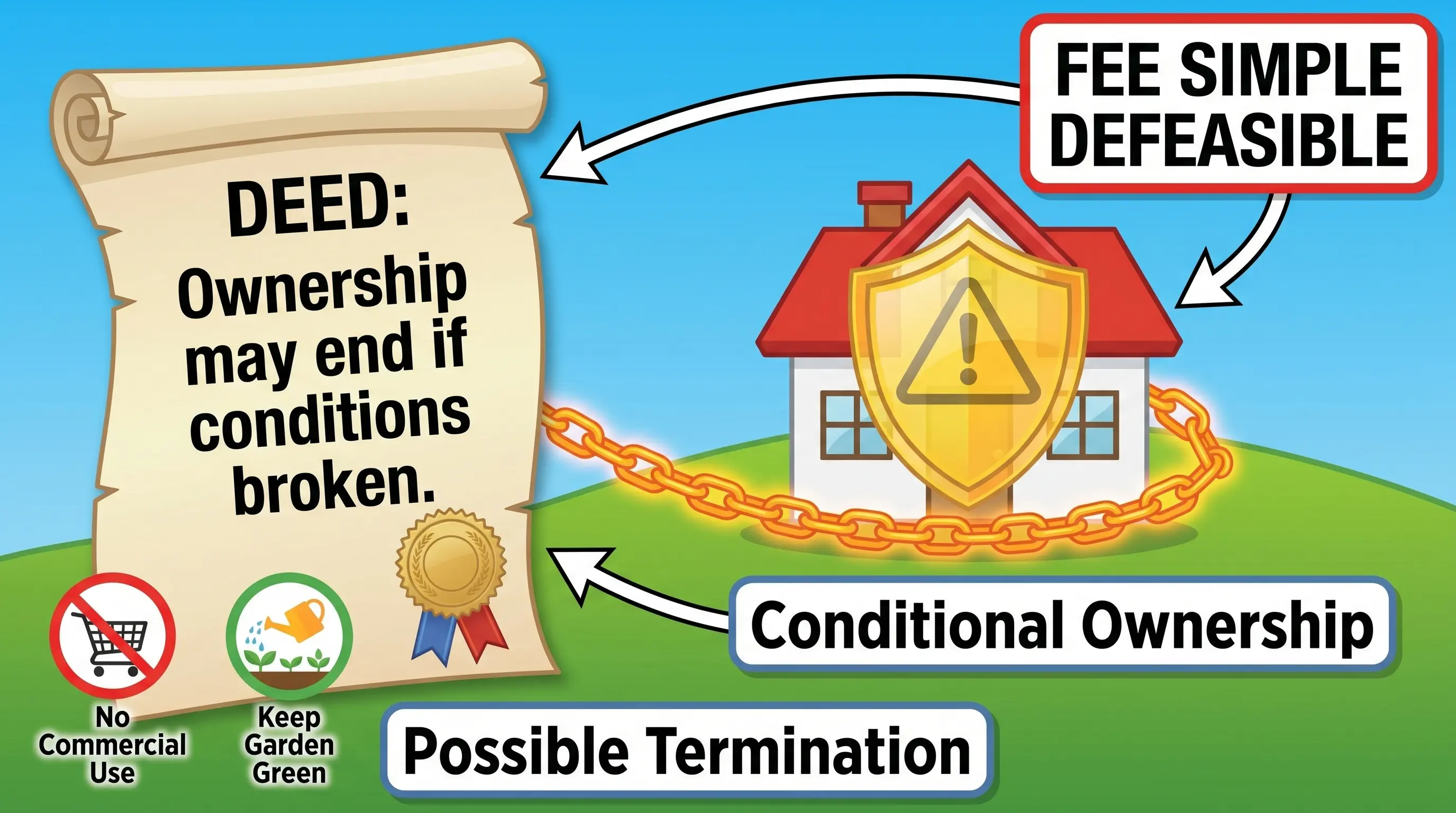 Illustration of a house with a warning symbol and a conditional deed, representing Fee Simple Defeasible ownership that may end if conditions are broken.