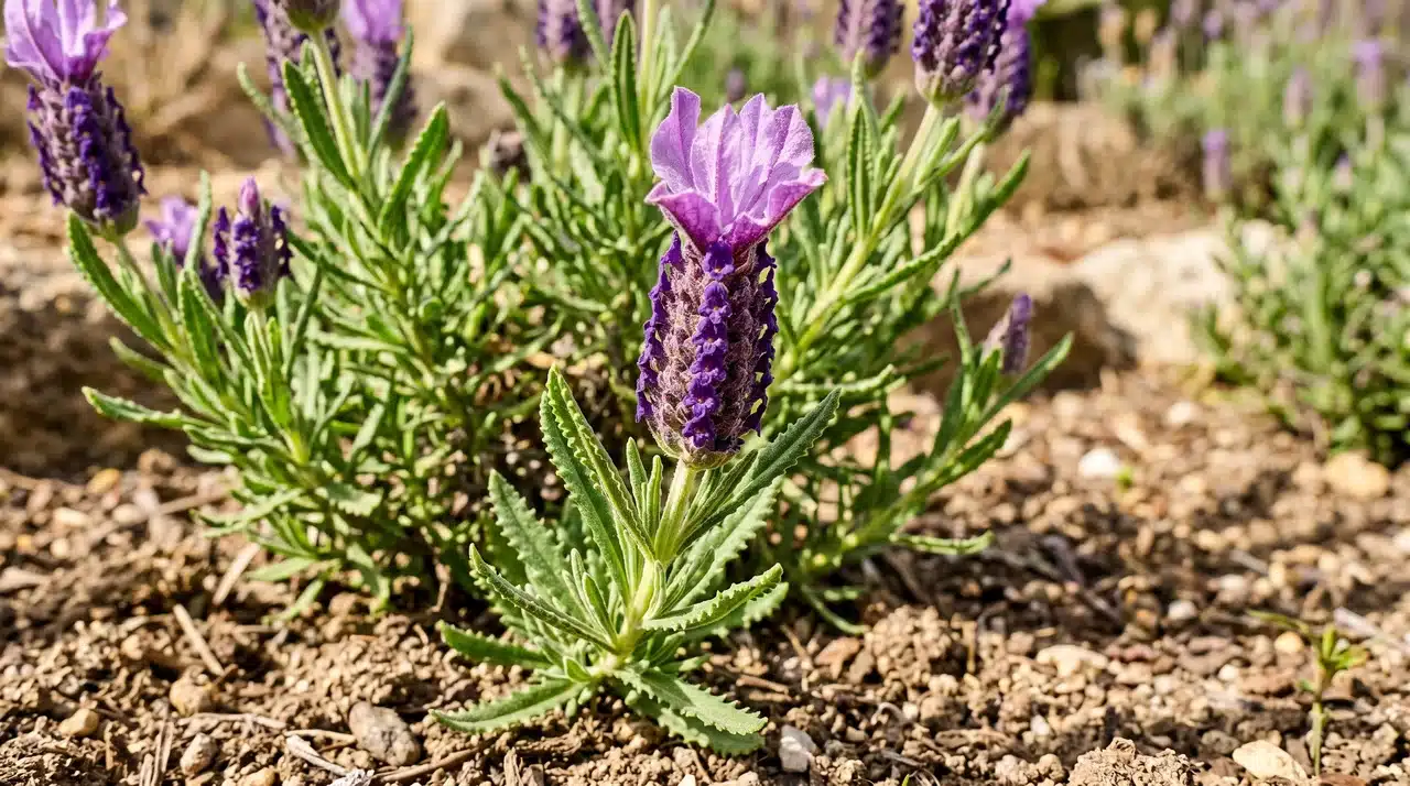 French lavender with toothed leaf edges and cylindrical flower heads in a sunny bed showing types of lavender plants.