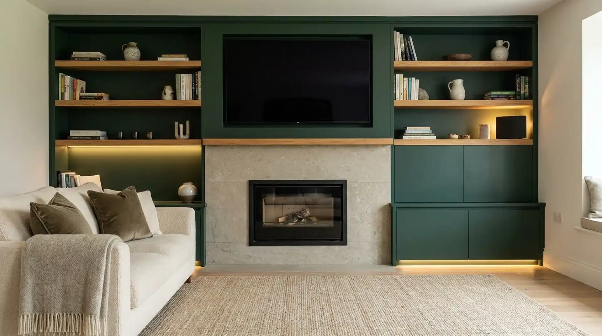 Contemporary media wall with integrated log burner, TV, and shelving design.