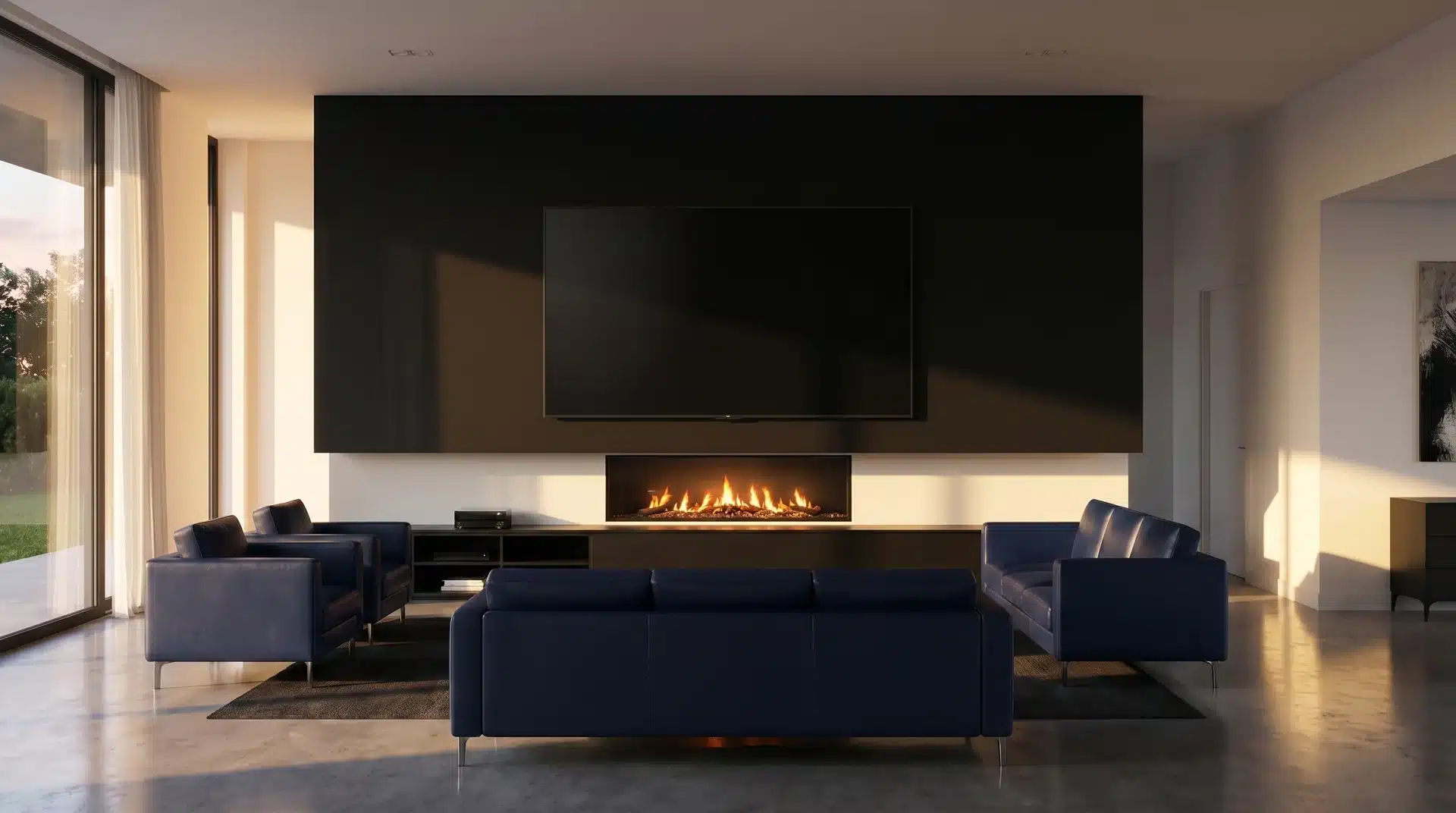 Large TV on matte black feature wall above low rectangular gas fireplace with flames.