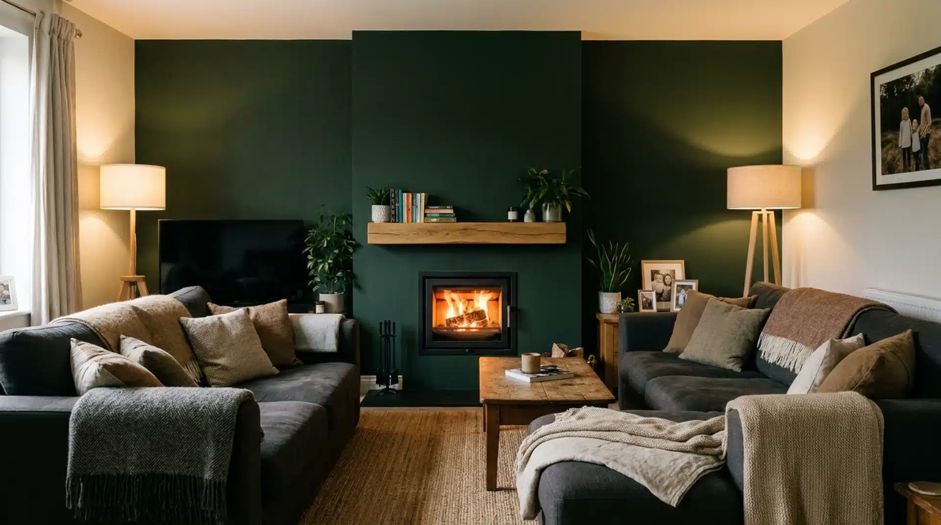 Cozy modern living room with a dark feature wall and log burner media setup.
