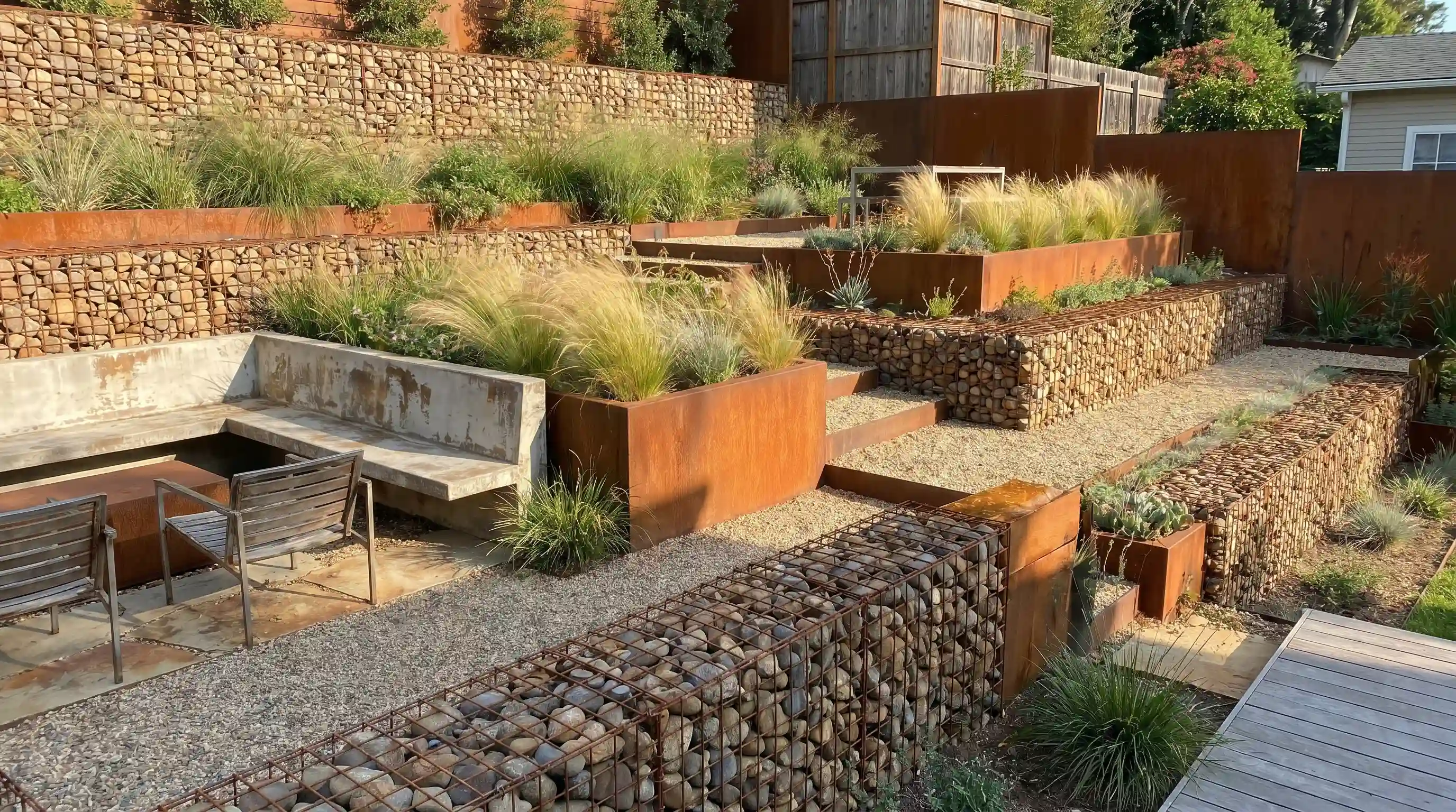 Tiered garden featuring gabion walls filled with stone, giving an industrial and contemporary feel to the landscape.